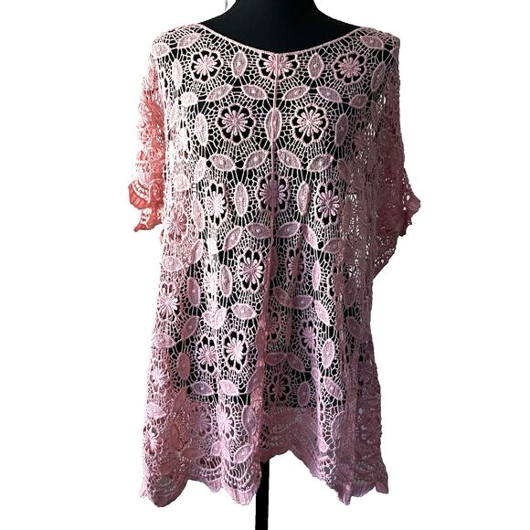 Ultra Pink Tops - Women's Hand-Knit Crochet Boho Hippie Pink Festival Boat Neck Scallop Trim Top